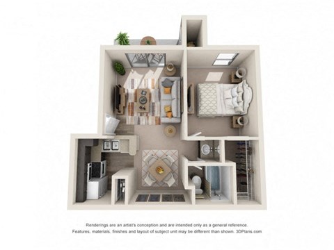 a stylized floor plan with a bedroom and living room